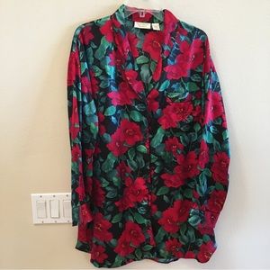 Victoria’s Secret Roses Night Shirt Large Black Red Green Print Pajama Top Robe